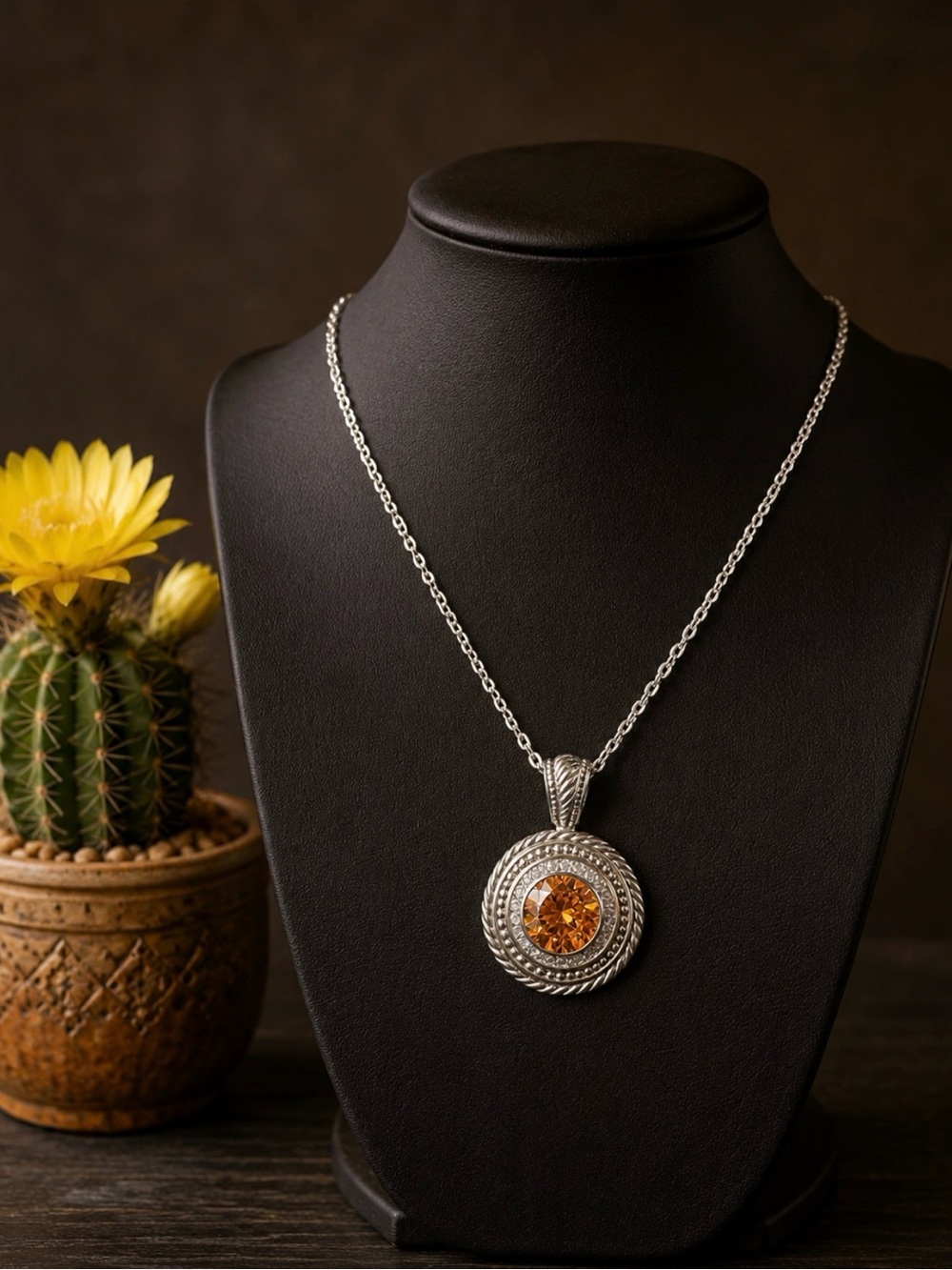 Pendant 925 Sterling Silver with Orange & Clear Cubic Zirconia Caged Back